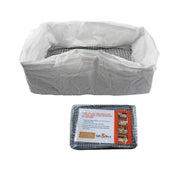 Sac tamisant Nidofé Tamis installé dans un bac à litière, avec son conditionnement présenté dessous.