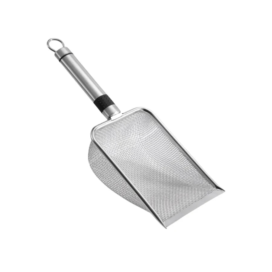 Pelle à litière Nidofé Acier, avec panier grillagé et manche terminé par un anneau.