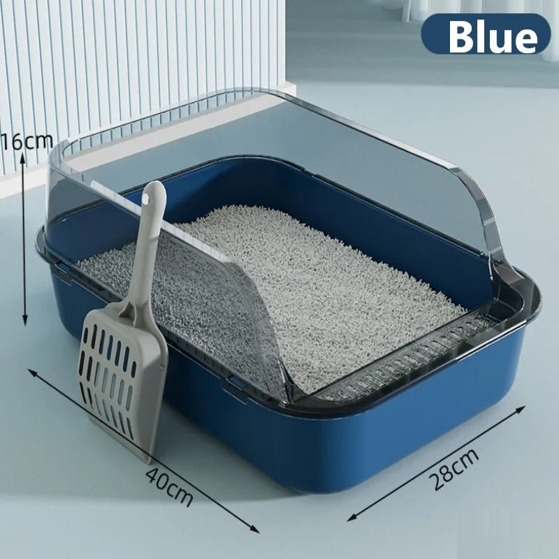 Bac Nidofé Ouverte bleu rempli de litière, avec parois translucides, pelle et schéma de dimensions 40 × 28 × 16 cm.
