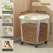 Boîte Nidofé Réserve transparente sur roulettes, remplie de croquettes, avec détails du couvercle et des fermetures.